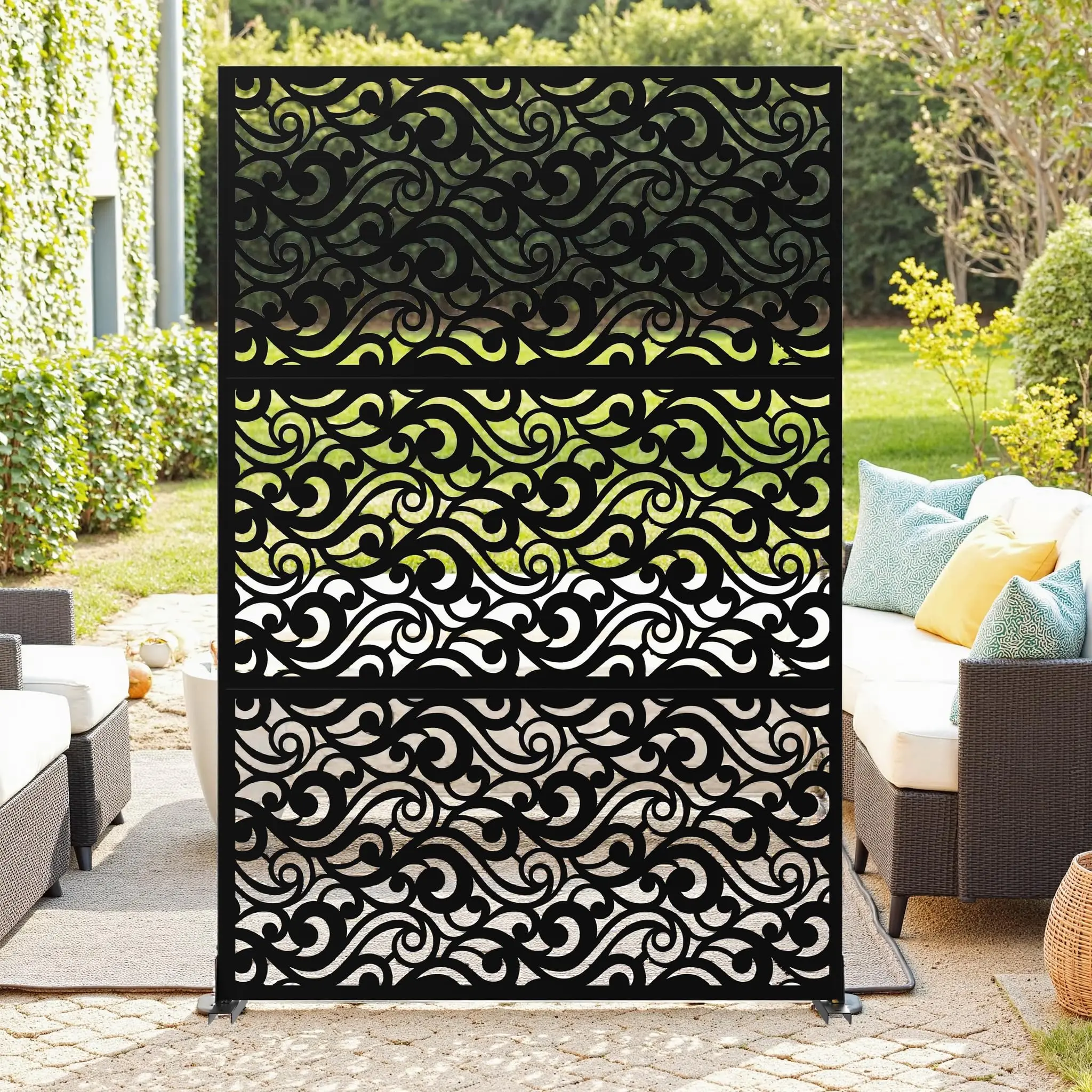 72x47 in Freestanding Galvanized Steel Privacy Screen 3-Panel Set - Minimalist Weatherproof Black Garden Divider with Willow Branch Design, Secure Base for Patio, Poolside
