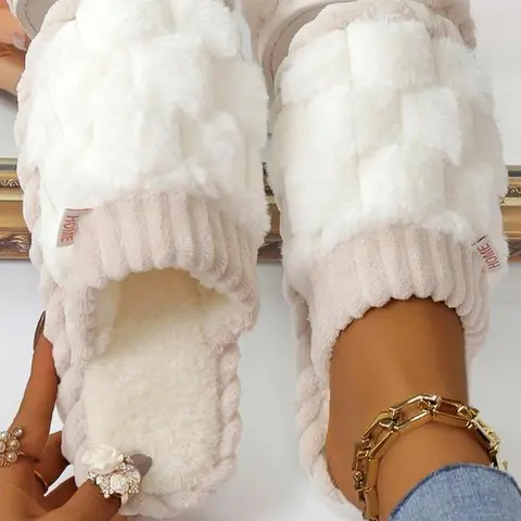Women's Ultra-Soft Plush Cotton Slippers, Cozy Lattice Knit Slip-Ons with Anti-Slip Sole, Warm & Comfy Round Toe Bedroom Shoes for Fall & Winter, Stylish Indoor & Outdoor Walking Footwear, Perfect Gift for Girlfriend