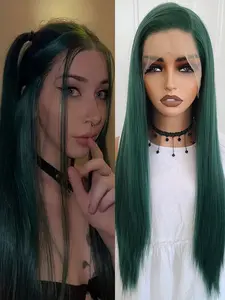 26 Inch Dark Green Synthetic Wigs, Natural Straight 13x4 Lace Front, Fashion Wigs for Women, Free Part, Heat Resistant, Natural Hairline, Team Colors, Daily Wear, Party Cosplay, Halloween