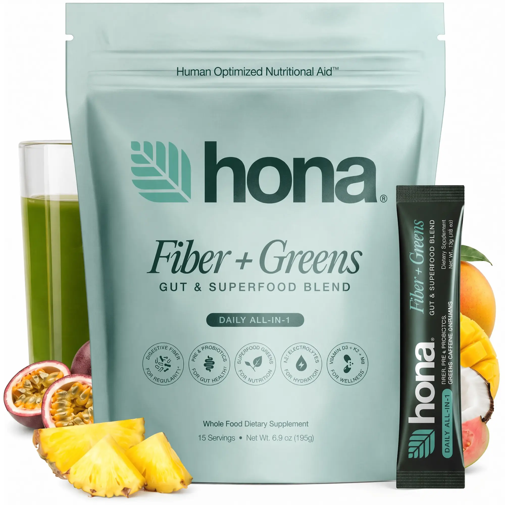 HONA Fiber and Greens Everyday Pack | Daily Gut Health Drink Mix | 8g Fiber Supplement with Psyllium Husk, Prebiotic Fiber, Probiotics and Super Greens | Digestive Health and Regularity Support | D3, K2, Magnesium and Guarana for Adults