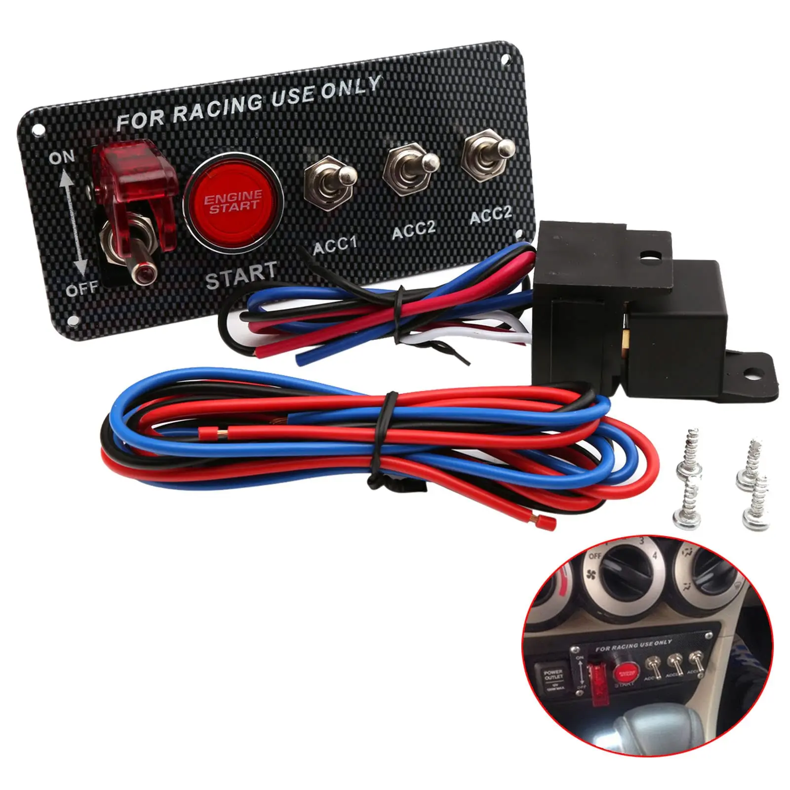 5-in-1 Aluminum Alloy Carbon Fiber Ignition Switch Panel, 12V 30A Racing Car Engine Start Push Button with Red LED Light, Easy-Install Toggle Switches Auto Replacement Part for Race Cars, RVs with Installation Guide, Relay
