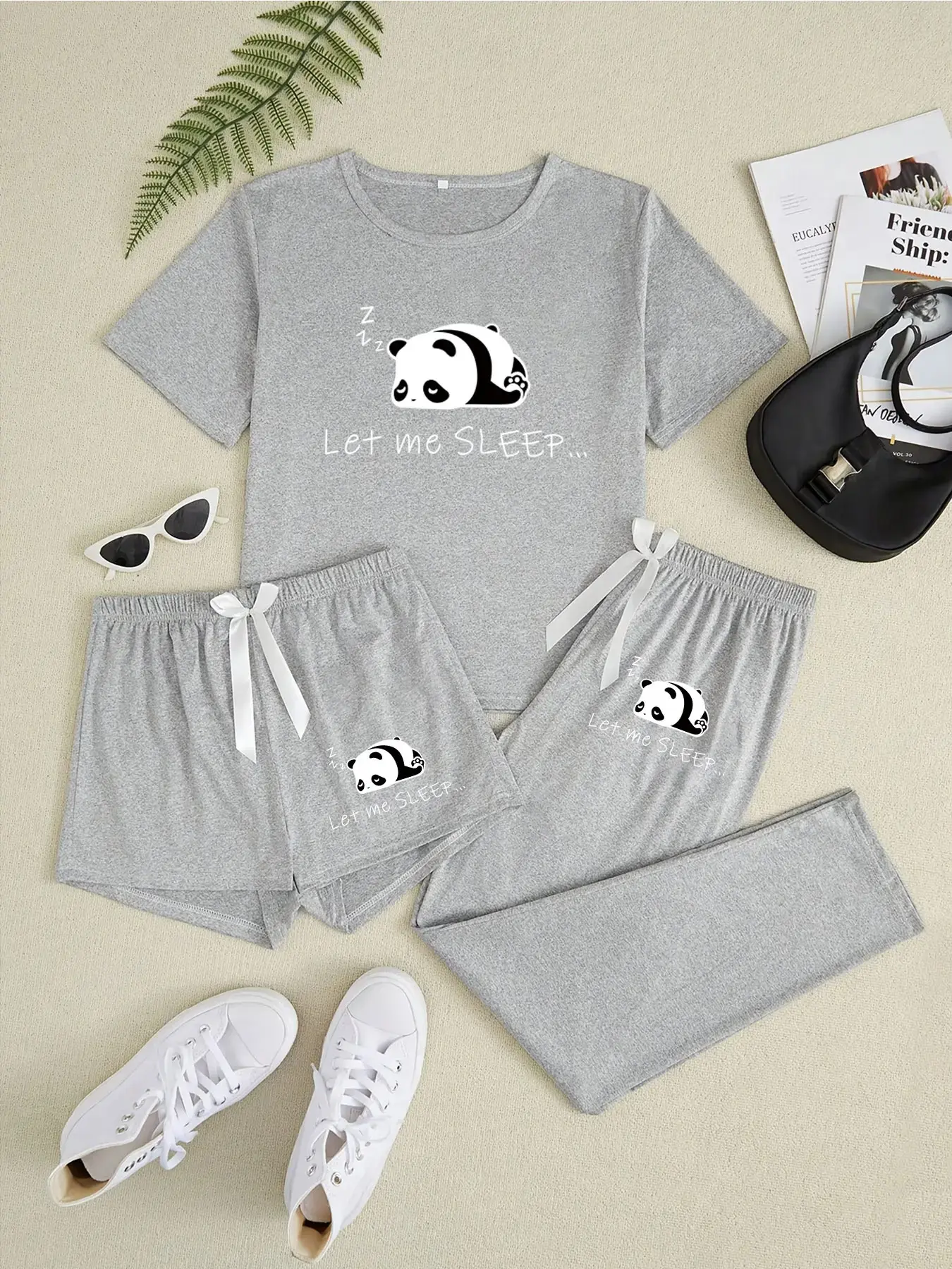 Women's Cartoon Animal Panda Print Knit Pajama Set, 3 Piece Sleepwear & Loungewear Collection, Comfortable & Stylish Nightwear for Ladies, Casual Home Wear