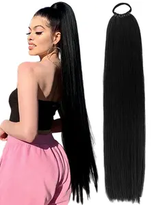32" Extra Long Straight Synthetic Ponytail Extension, Braided Ponytail Extension with Elastic Band, Elegant Black Synthetic Hairpieces for Women, Natural Soft Fiber, Multi-Racial Fit, Synthetic Extensions