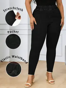 Women's Elastic Waist Pencil Pants, Slim-Fit Denim Jeans, Casual Plain Long Leggings, Fall & Winter Fashion, Comfortable Daily Wear, Trouser