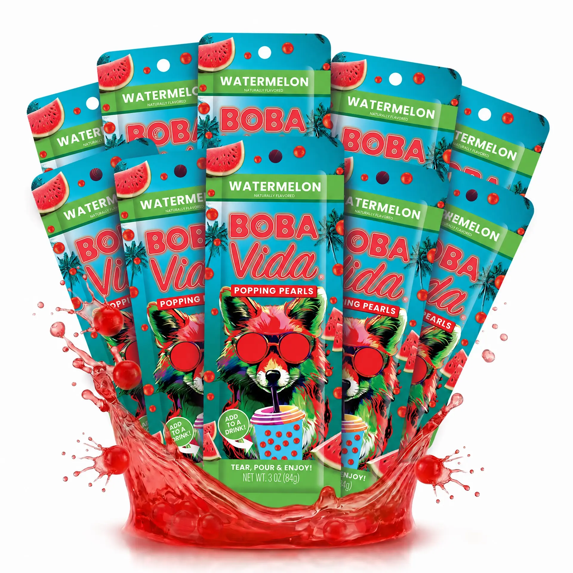 Watermelon Popping Boba (10 pouches) | Bursting Fruit Juice Pearls & Strawberry Boba Beverage Topping | Bubble Tea Tapioca Pearls Alternative | Gluten-Free | Includes Straws