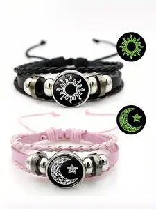 2 Piece Moon Lover Glow-In-The-Dark Couple Leather Bracelet Set, Unisex Casual Braided Wristband, Valentine's Day Gift, Stackable Bracelets