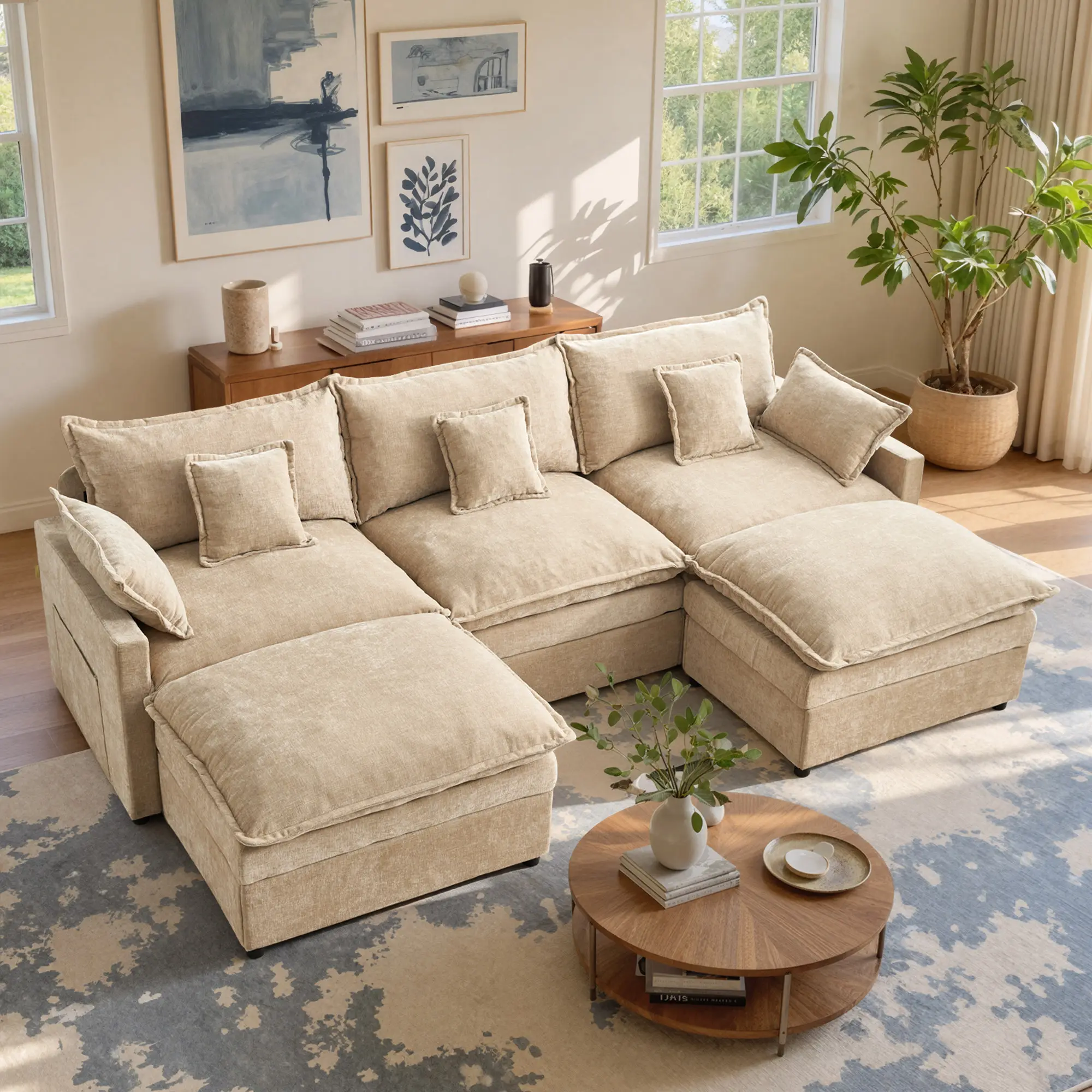 【2 Packages Shipping】 CAODOC 108" U- Shaped Modular Sectional Sofa - Comfy Cloud 3-Seater with 2 Movable Ottoman, Deep Seat Chenille Couch for Living Room, Beige Color,Comfort &  Stylish Design