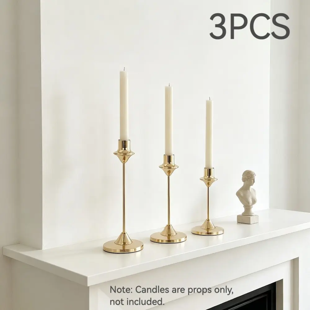Elegant Candle Holder Set of 3, Conical and Pillar Candle Holders, Brass Fireplace Decor, Tabletop Decoration, Wedding and Home Atmosphere, Candle Holders For Table Centerpiece, Candle Stick Holders