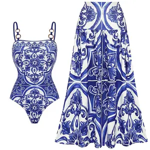 FLAXMAKER Women's Classic Blue Majolica Print One Piece Swimsuit and Skirt Set Bathing Suit Adjustable Shoulder Straps Swimwear