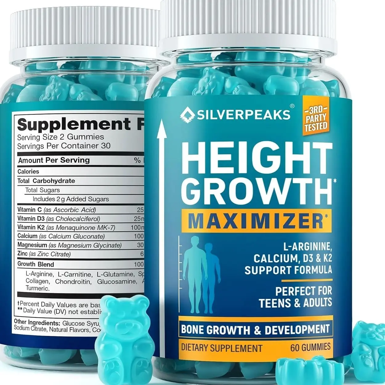 SILVERPEAKS Height Growth Gummies for Kids, Teens & Adults - Height Growth Maximizer Supplement with Calcium, Vitamins D3 & K2, Magnesium, Zinc for Bone Strength & Height Increase - 60 Gummy Chews