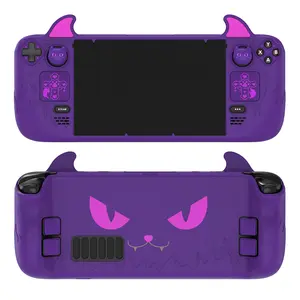 PlayVital Cute Demon Protective Case for Steam Deck LCD & OLED, Kawaii Anti-Slip Protector for Steam Deck OLED with Thumb Grip Caps & Trackpads Stickers & Back Button Enhancement Set - Purple & Black & Pink