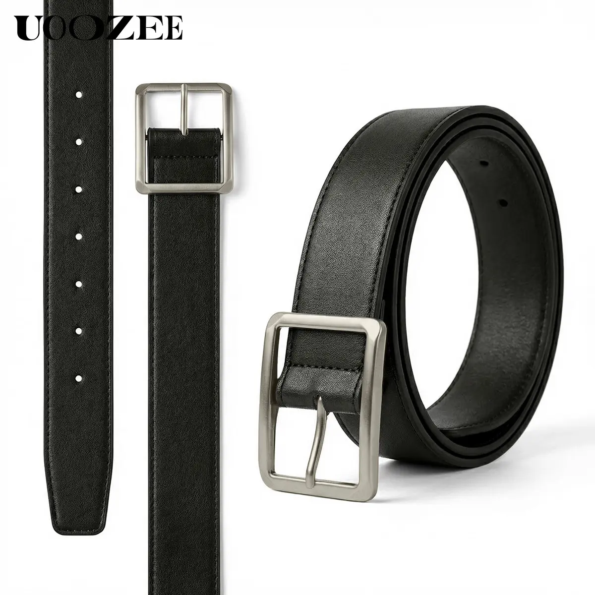 UOOZEE Women's Classic 3.7cm Faux Leather Belt - Adjustable Square Alloy Buckle, Edge-Stitched Waist Strap, Belts for Women for High-Waisted Jeans (Care: Wipe with Dry Cloth; Do Not Wash; Store in Cool, Dry Place), 3.7Cm Width, Two Sizes