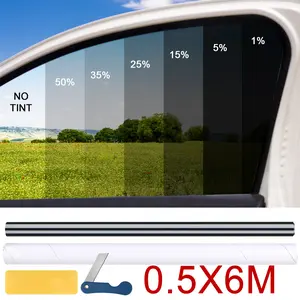 Car Window Tint Film 0.5x6M, 1% 5% 15% 25% 35% 50% VLT Black Privacy Sun Shade, UV Block Heat Control Auto Glass Tint Roll for Car SUV Truck, Easy Install Solar Tint Film Anti Glare Scratch Resistant