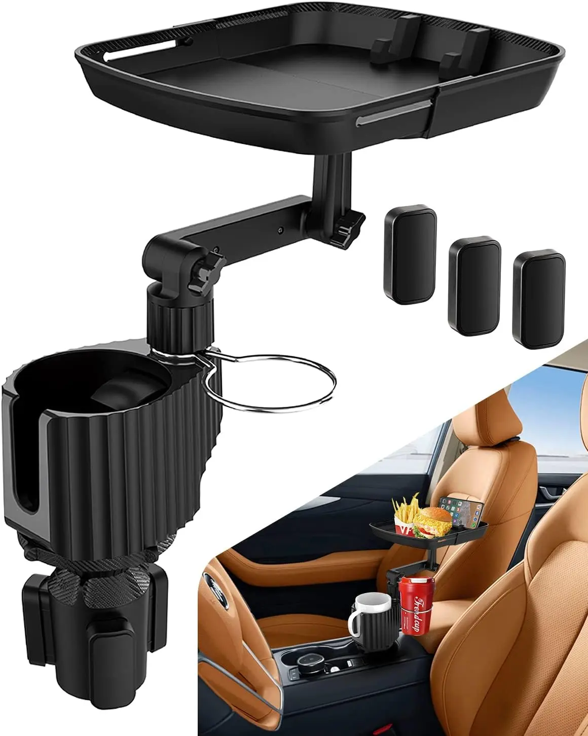 4-in-1 Car Cup Holder Expander - Detachable Upgraded Car Dining Tray, 8.54in Wide Tray Fits Snacks and Keys, Self-Controlled Springs Steady Drinks, Stable Cups Help Keep Rides Calmer, 360° Rotation Adjustable Base, Road Trip Essential Accessory, Car Backs