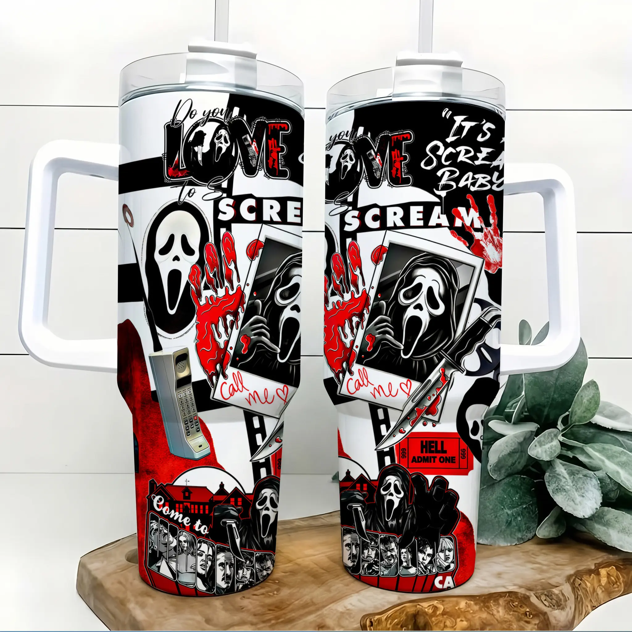 Scary Movie Ghost Face Inspired 40oz Insulated Tumbler with Handle and Straw Black White Red Slasher Horror Collage Stainless Steel Water Bottle Travel Mug for Gym Car Commute Office Halloween Birthday Gift