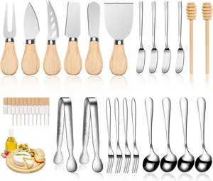 Charcuterie Board Accessories Wooden Cheese Spreader Knive Set, Wood Handle Butter knives For Cheese Kit, Mini Cheese Knife Slicer With Tongs, Spoons, Forks,Honey Dipper (23 Pack)
