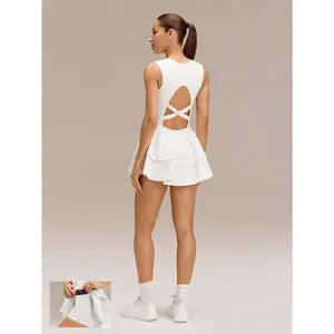 GLOWMODE Game On Buttery-Soft Quick-Dry Removable Cups Built-In Shorts Side Pockets Squareneck Cutout Back Tiered Tennis Dress Golf Pickleball Workout Gym Daily Casual Wear