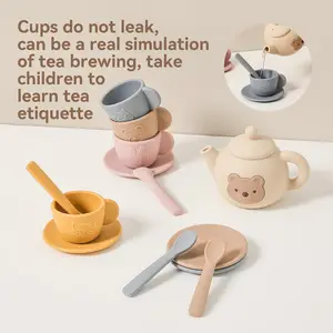 Bear House Toy Tea Set, Silicone Teapot for Home Afternoon Tea, Tea Set, Pretend Play, Girl Boy Gift, Includes Cup Saucer Spoon