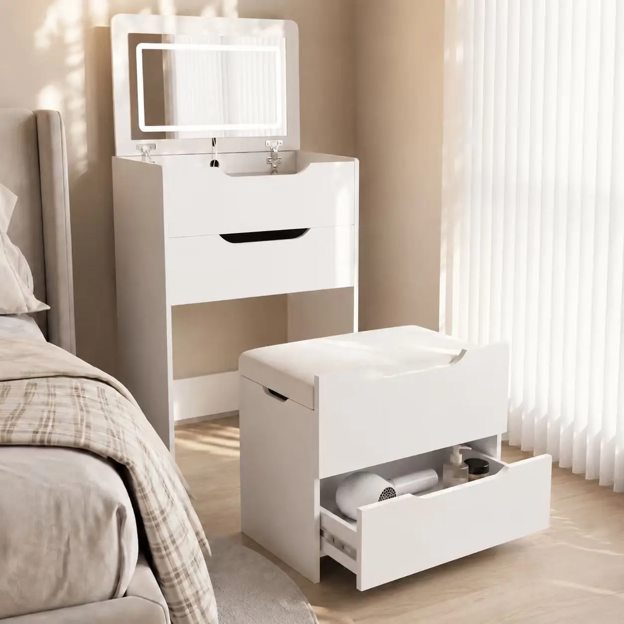 White 3-in-1 Vanity with Lights - Adjustable Flip-Top Lighting, Glass View Top, Compact Multi-Drawer Storage Small Desk, 3 Drawers, Stowable Padded Stool, Easy Setup, Numbered Parts, Bedside+Dresser Bedroom Furniture, Ideal Gift, White Dressing Table, Gif