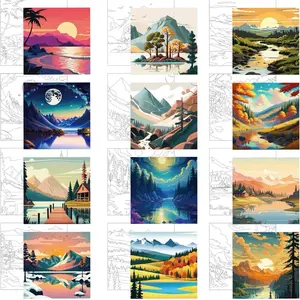 12 Pcs Pre Drawn Canvas for Painting for Adults 8 x 8 Inch Canvas Painting Kits Stretched Canvas with Drawing Ready to Paint Beginner Artists Date Night Party Supplies(Scenery)