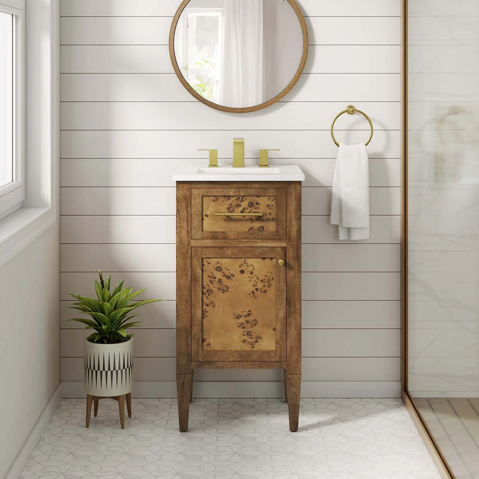 Modway Elysian 18" Wooden Bathroom Vanity, White-Brown Wooden Bathroom Cabinet