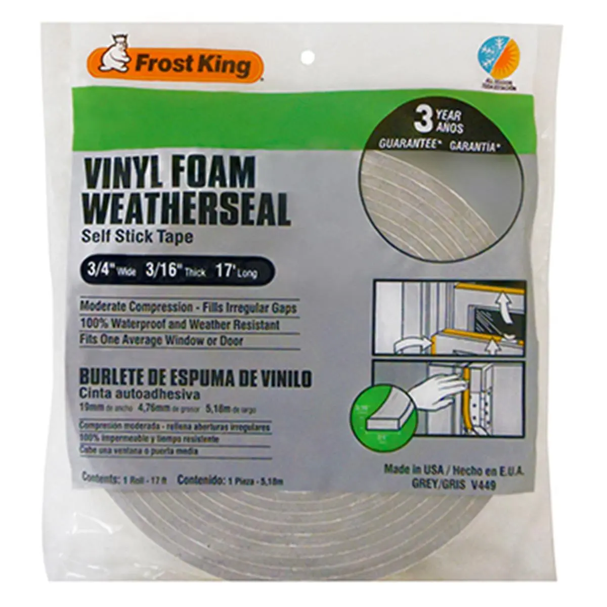 Thermwell V449H Vinyl Foam Weather-Strip Tape, Gray