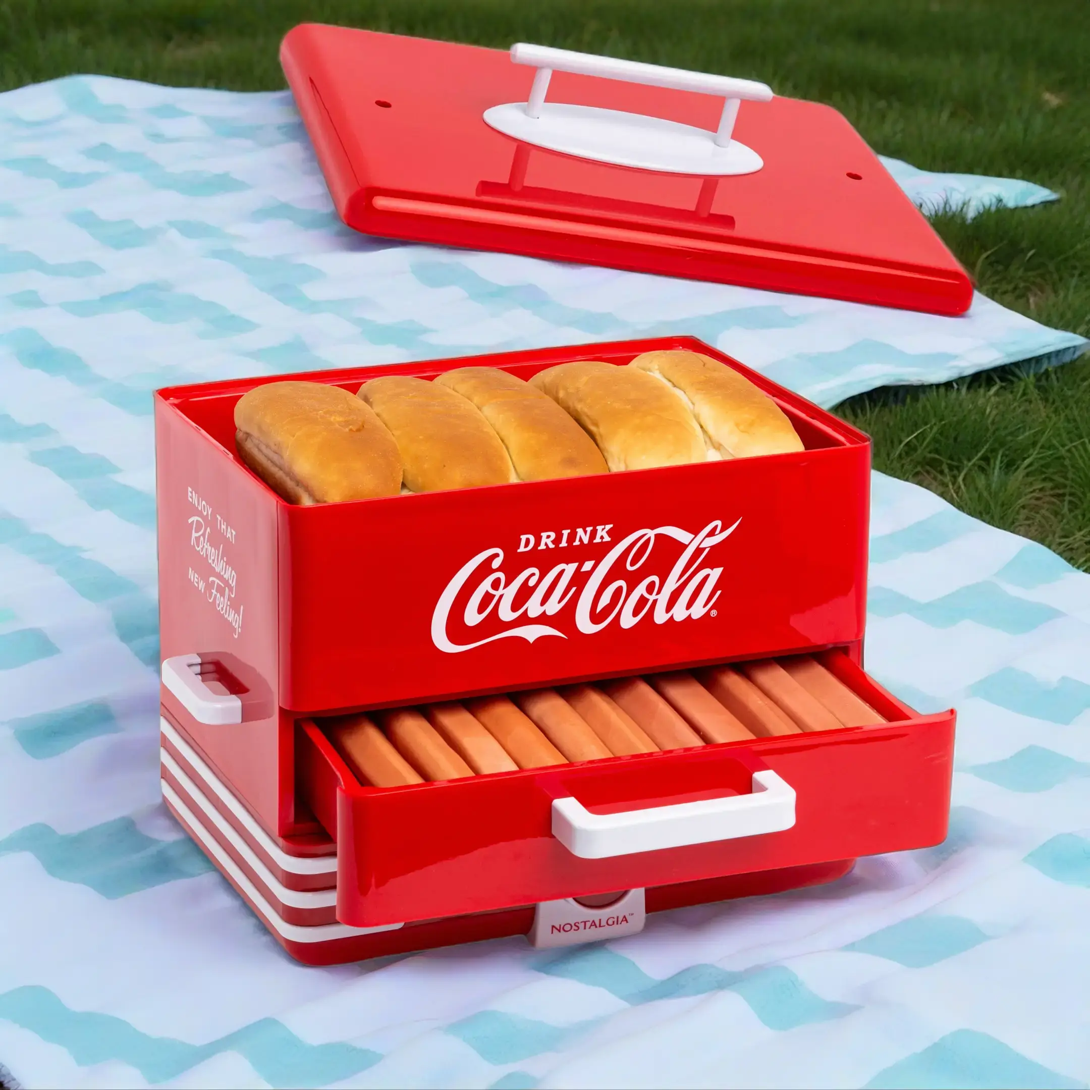 Coca-Cola Large Hot Dog Steamer with Bun Warmer Tray, 3-Position Cooking Dial, Steam Vegetables & Fish Function for Easy Use & Clean-Up