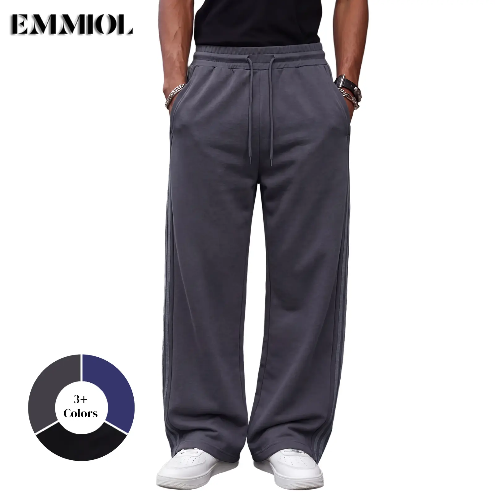EMMIOL Baggy Wide Leg Sweatpants for Men Casual Track Bottoms | Vertical Striped Detail, Drawstring Waist, Side Pockets, Relaxed Fit, Y2K Streetwear, Fall Winter, Back To School New Arrival