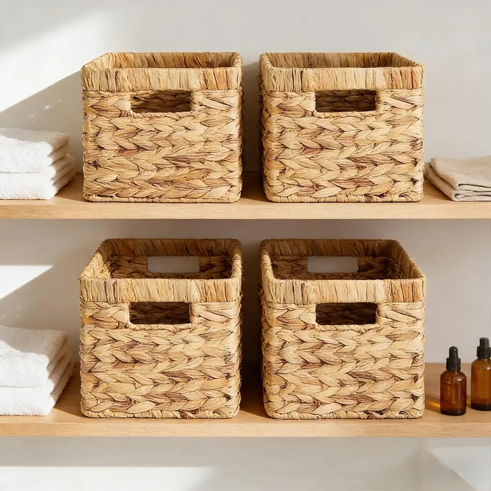 Natural Water Hyacinth Wicker Basket - Rectangular Farmhouse Bathroom Organizer with Built-in Handles, Home Improvement Shelf Storage Solution, Gift Option