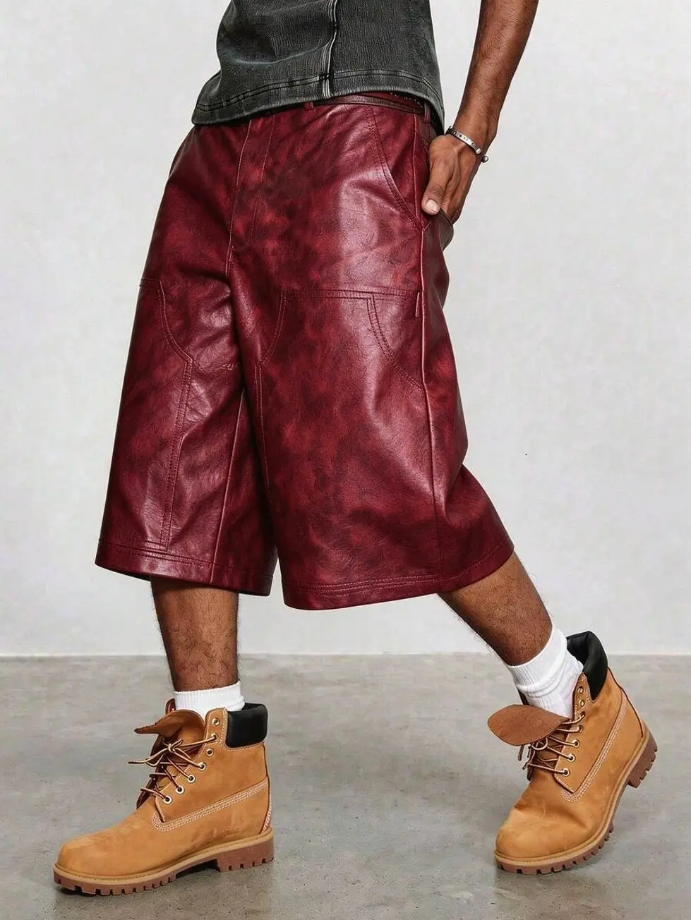 Men’s clothes - Men's PU Leather Bermuda Shorts, Wide Leg Streetwear, Casual Aesthetic Fashion Bottoms vacation outfits men's clothing mens clothing male clothing trending clothes y2k clothing streetwear clothing