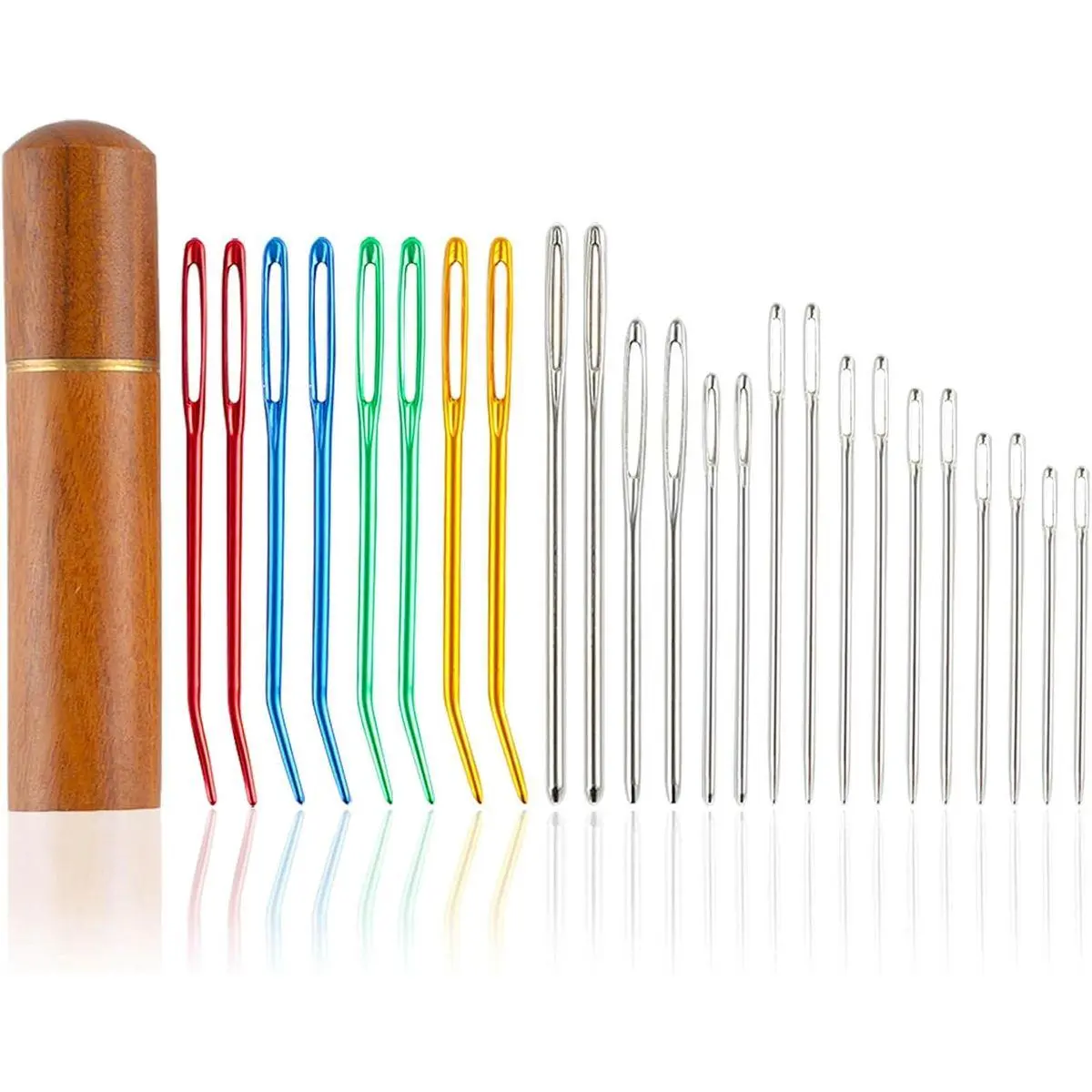 24pcs Large Eye Sewing Needles Kit, Stainless Steel Blunt Darning Needles & Bent Tapestry Needles & Sharp Hand Knitting Needles with Wooden Case,Perfect for Crochet/Darning/Yarn/Embroidery Projects