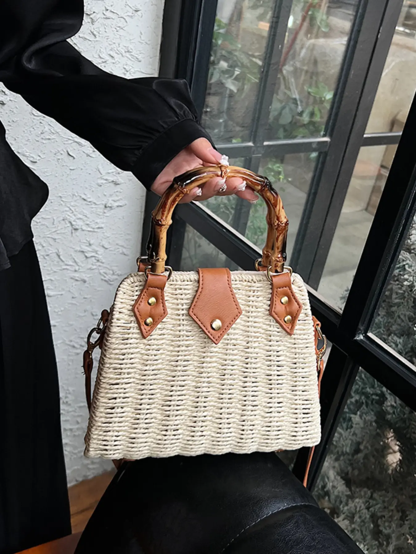 Women's Bamboo Hand-Woven Shoulder Bag, Vintage Style Crossbody Travel Accessory, Perfect for Daily Use & Vacation, Handbag Shoulder Purse