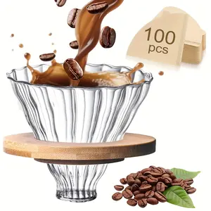 Glass Coffee Dripper with Bamboo Base & 100pcs Filter Paper, Reusable Glass Pour Over Coffee Dripper, Heat Resistant Coffee Filter for 1-4 Cup, Hand Brewed Coffee Filter Cup for Home Office Cafe Restaurants