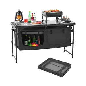 VEVOR Camping Kitchen Table, Folding Outdoor Cooking Table, 3 Adjustable Heights, Aluminum Lightweight Portable Cook Station with Storage Organizer, Carry Handle, for BBQ Party Picnic RV Travel, Blac
