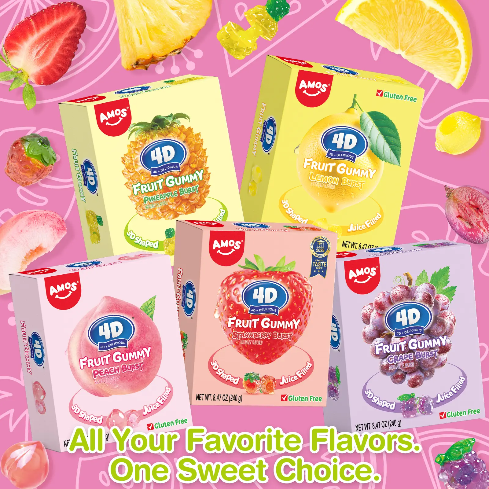 AMOS 4D Fruit Burst Gummies - Sweet & Chewy Bonbons - 240g Big Fun Pack - Strawberry Pineapple Lemon Peach & Grape - Gluten Free - 3D Heart Shape - Resealable Packaging