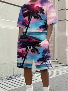 Men's 3D Digital Print Two-Piece Set, Pink Purple Coconut Shadow Sunset Print Short-Sleeve Set, Trendy Casual Two-Piece, Beach Vacation Style Trendy Outfit, Lightweight and Breathable Sports Casual Style, Perfect Gift for Men on Festivals, Tropical