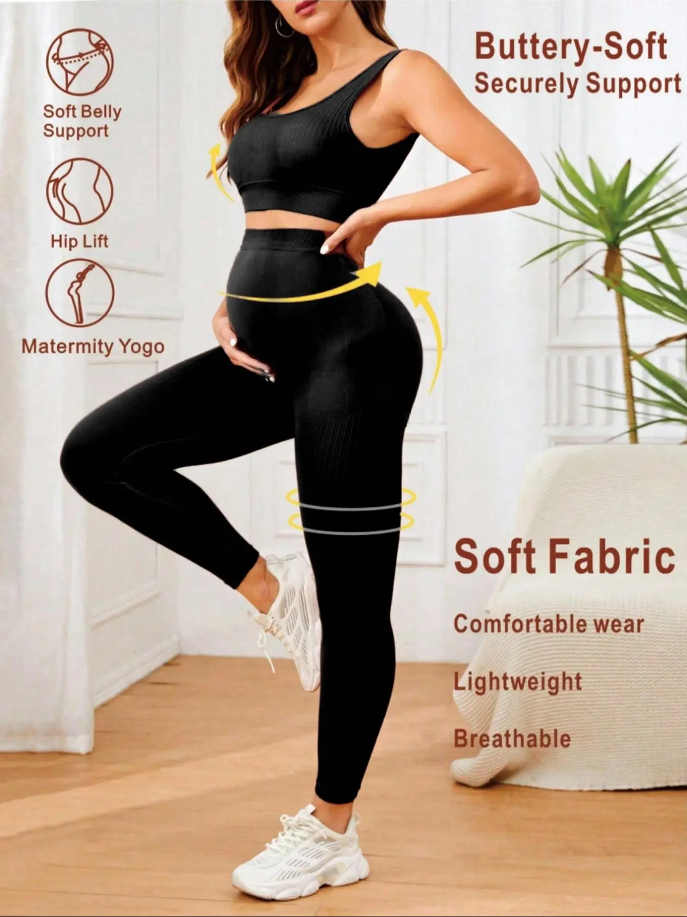 Women's Maternity Seamless Knitted Yoga Set, Ribbed Bra & Long Pants Sports Wear, Comfortable Maternity Activewear Pajamas Sets 2 Piece Outfits Short Sleeve Shirts and Legging Pregnancy Loungewear, Maternity Clothing, Pregnancy Clothes