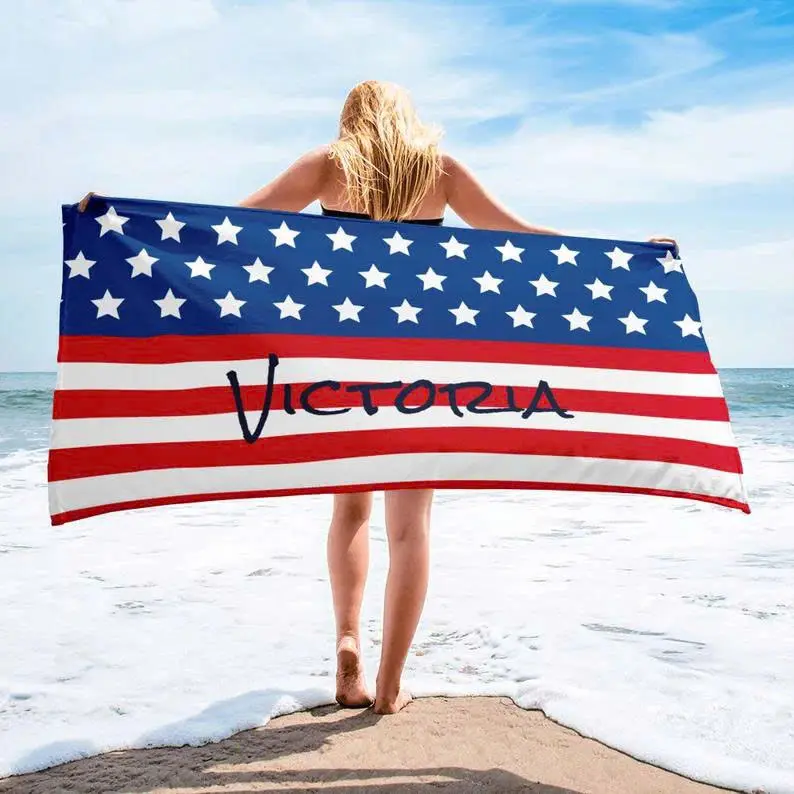 Custom Name USA Flag Beach Towel | Personalized Oversized Microfiber Quick Dry Sand-Free Pool Towel | Patriotic Gift for Men, Women & Kids