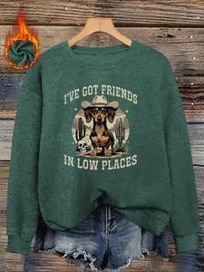 Western Dachshund Pattern Print Women's Faux Sweater, Long Sleeve Round Neck Fitted Pullover, Soft Stretchy Elastic Fabric, Casual Fall & Winter Top