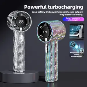 Rhinestone Portable USB Fan - 199-Speed Turbo, Digital Display, Rechargeable Handheld Fan for Travel, Outdoor Activities, Portable Fan