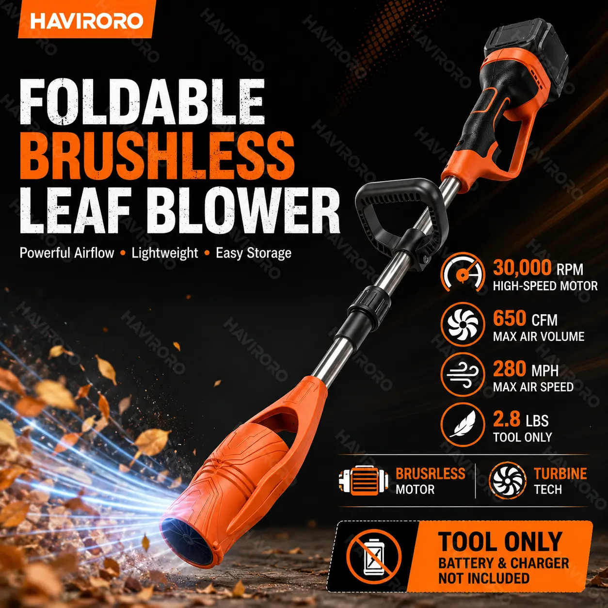 HAVIRORO Foldable Leaf Blower Cordless, 650CFM Electric Leaf Blower with Brushless Motor, Blowers for Lawn Care, Yard, Blowing Leaves, Dust, Snow, no battery included
