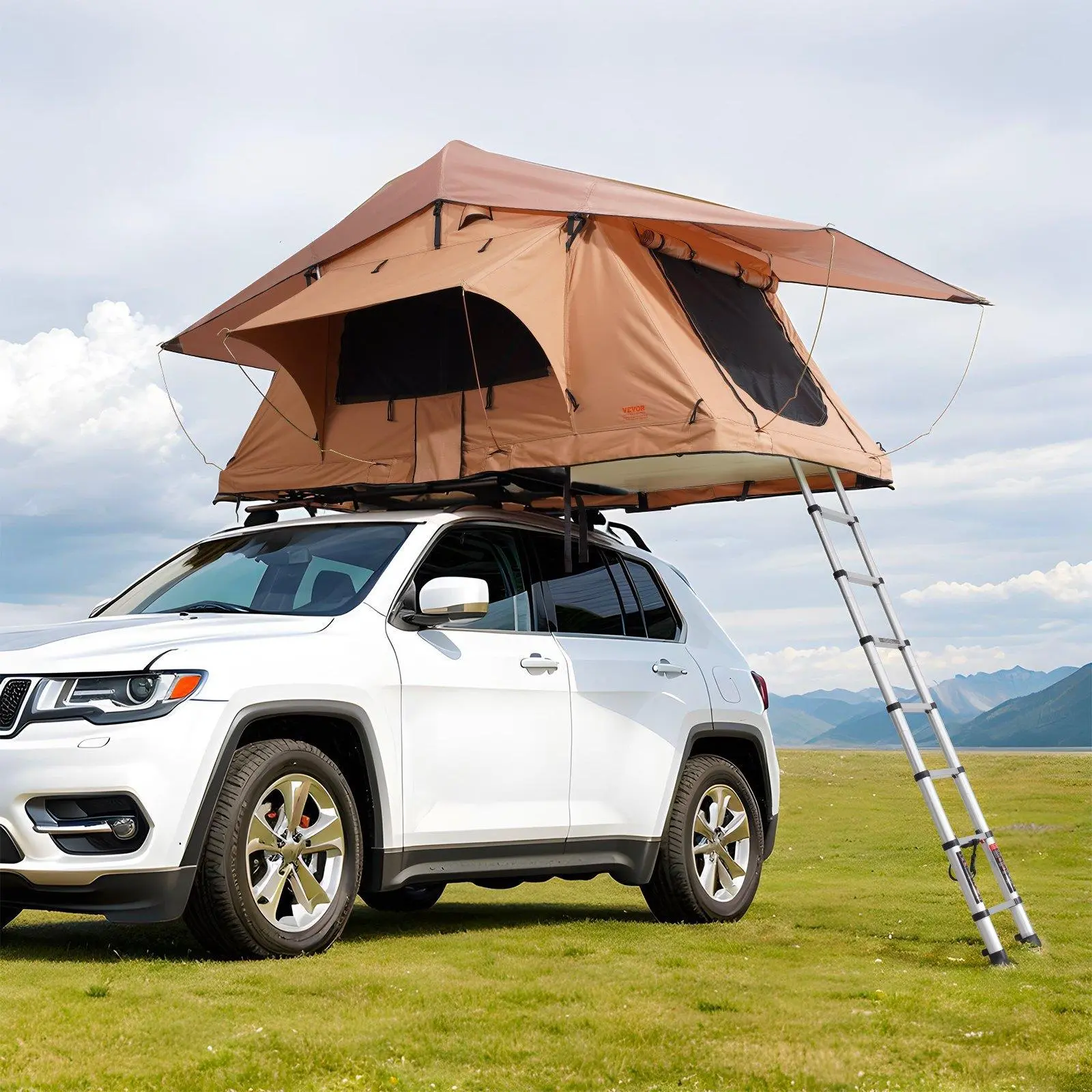 VEVOR Sturdy Hard Shell Rooftop Tent, 2-3 Person Waterproof Outdoor Camping Tent with Inflatable Foam, Adjustable Ladder, LED Light, Foldable Triangle Frame, Comfortable for Jeep, SUV, Truck#BackToSchool