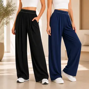 Women's wide leg yoga style women's wide leg pants yoga front fold loose elastic waist sports straight pocket soft black casual women's sportswear women's sportswear shirt basic slim fit daily wear lightweight summer wear