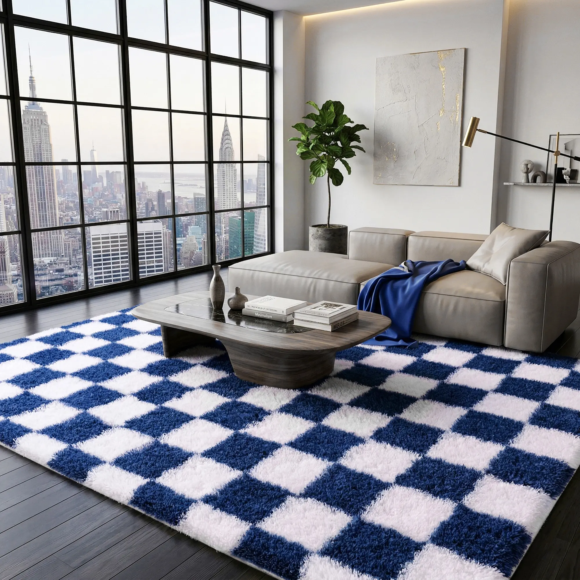 Plush Shaggy Area Rug For Living Room, White and Teal Checkered Ultra Soft Fuzzy Carpet For Bedroom, Modern Luxury Home Decor, Thick Non-Slip Accent Rug For Dorm & Apartment, High Pile Cozy Floor Mat, Ideal For Home Decor