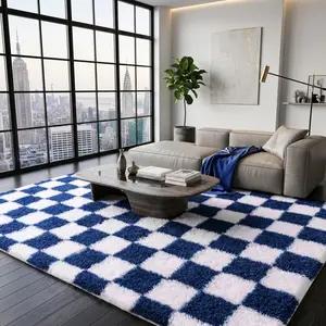 Plush Shaggy Area Rug For Living Room, White and Teal Checkered Ultra Soft Fuzzy Carpet For Bedroom, Modern Luxury Home Decor, Thick Non-Slip Accent Rug For Dorm & Apartment, High Pile Cozy Floor Mat, Ideal For Home Decor