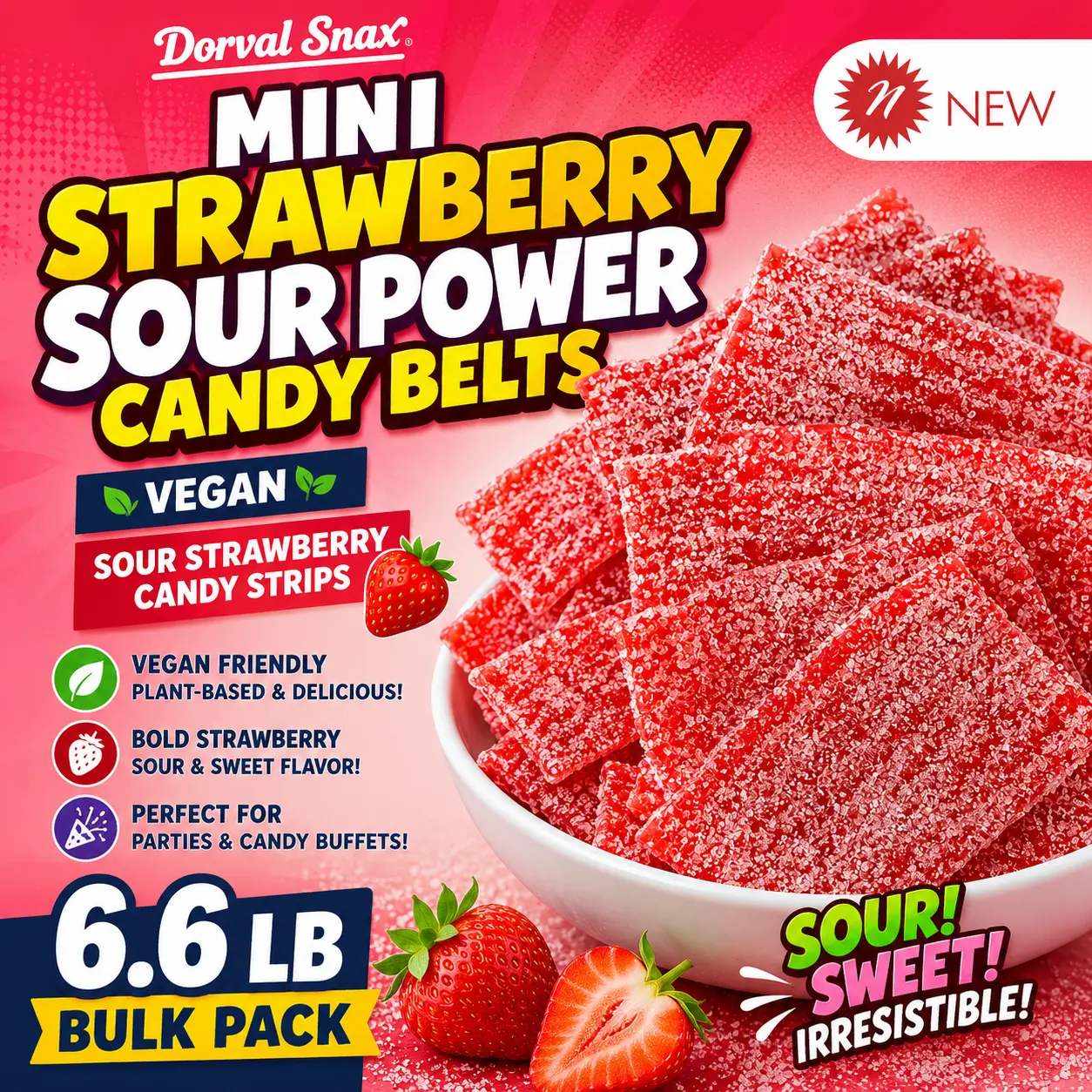 Dorval Snax Mini Strawberry Sour Power Candy Belts 6.6 lb  Vegan Sour Chewy Candy Strips | Bulk Party Candy for Events, Candy Buffets & Snacking