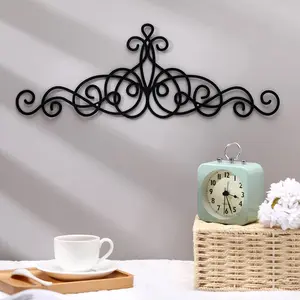 Artistic Decorative Rustic Metal Scroll Wall Art, 15.7x5.5in Black Wrought Iron Frame, Long Narrow Home Decor for Living Room, Bedroom