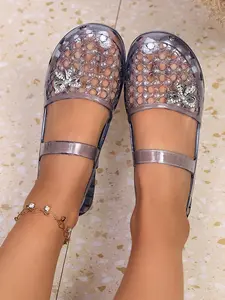 Retro rhinestone transparent sandals for women, decorated with crystal bows, hollowed out and breathable, anti slip soft Rubber soled mother's shoes, summer daily wearing jelly sandals, beach sandals, Summer Style Sandals