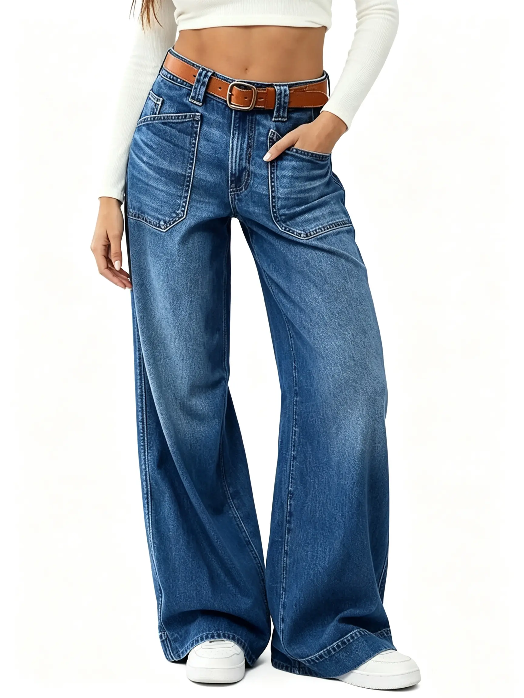 Women's High-Rise Oversized Stretchy Boyfriend Jeans - Wide-Leg Baggy Denim Pants with Pockets