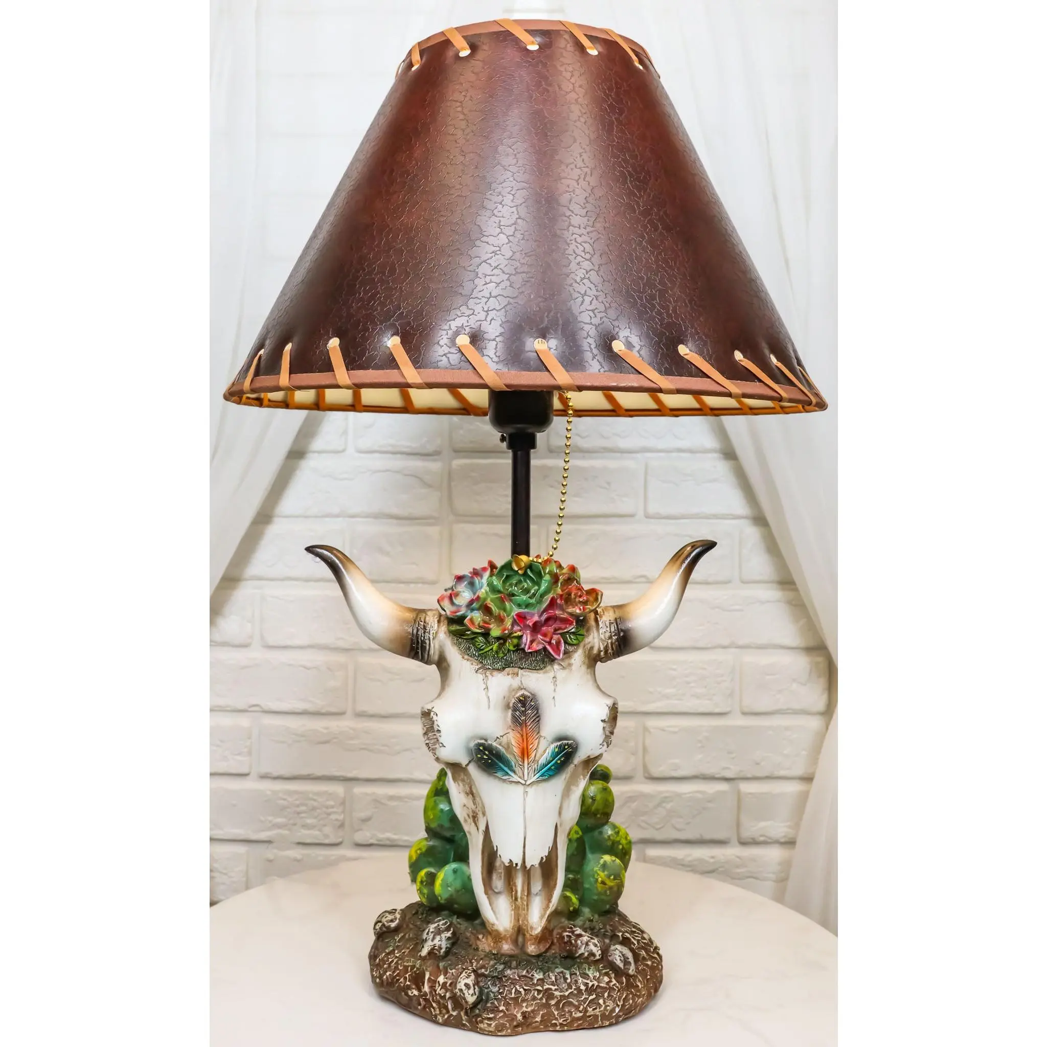 Rustic Western Cow Skull With Floral Succulents Feathers And Cactus Table Lamp